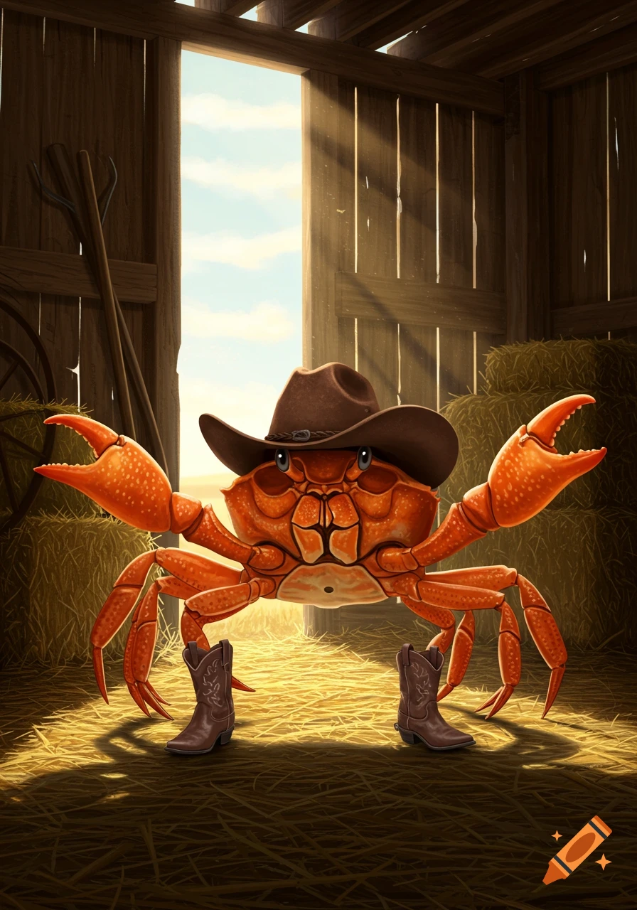 A cartoonish orange crab in a cowboy hat and boots stands in a barn.