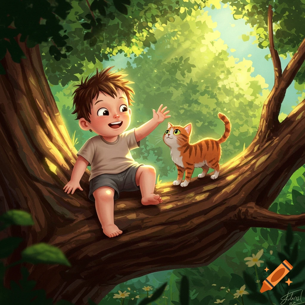 A happy child sits on a tree branch, reaching out to an orange tabby cat, bathed in sunlight in a lush green forest. Illustration.