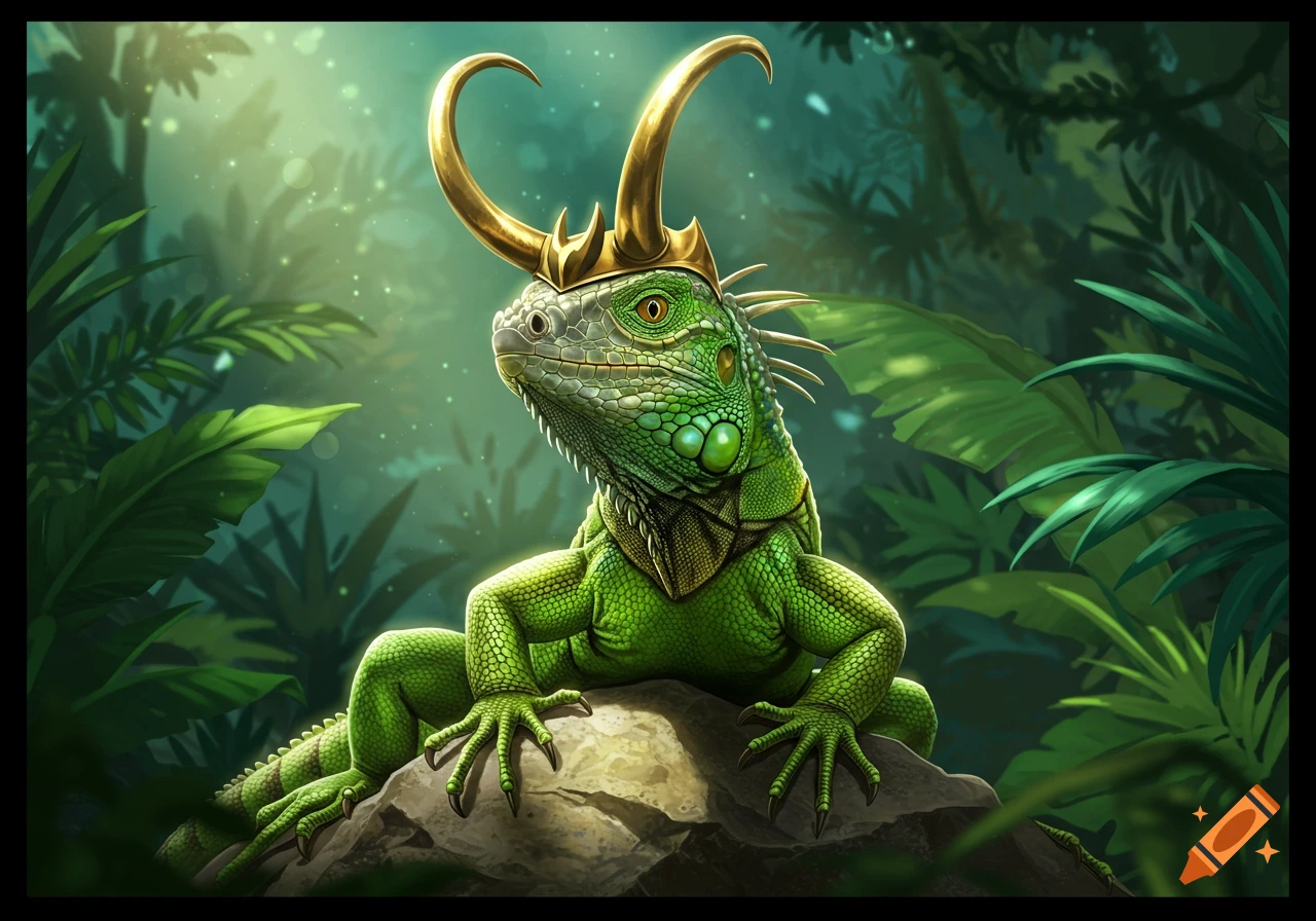 A vibrant green iguana wearing a golden horned crown sits on a rock in a lush jungle setting.