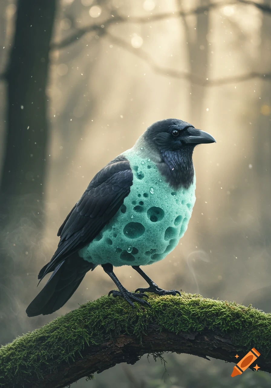 A photorealistic image of a crow with a green sponge body, covered in water droplets, perched on a moss-covered branch in a misty forest.