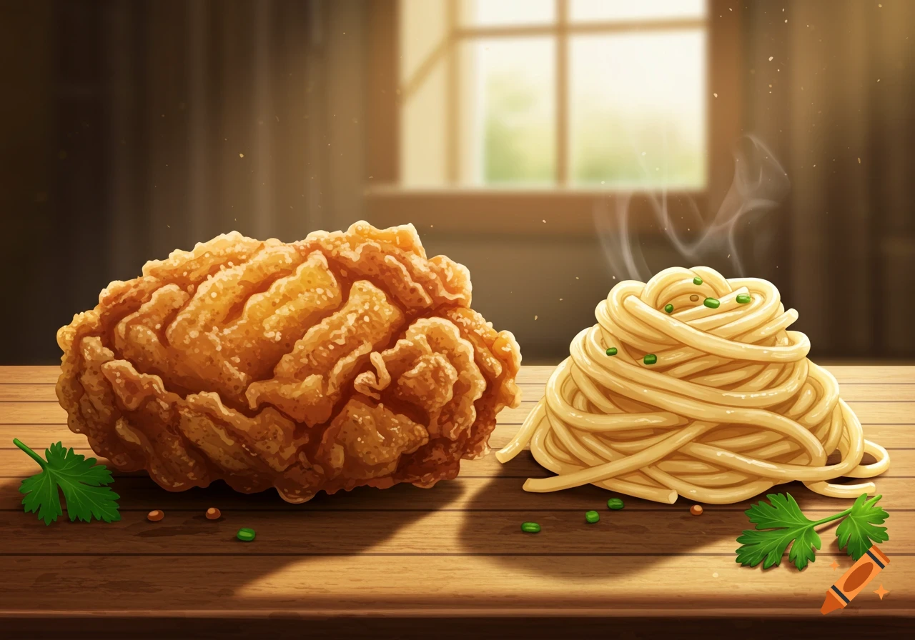 A digital illustration of crispy fried chicken and a steaming pile of egg noodles on a wooden table, with a sunlit window in the background.