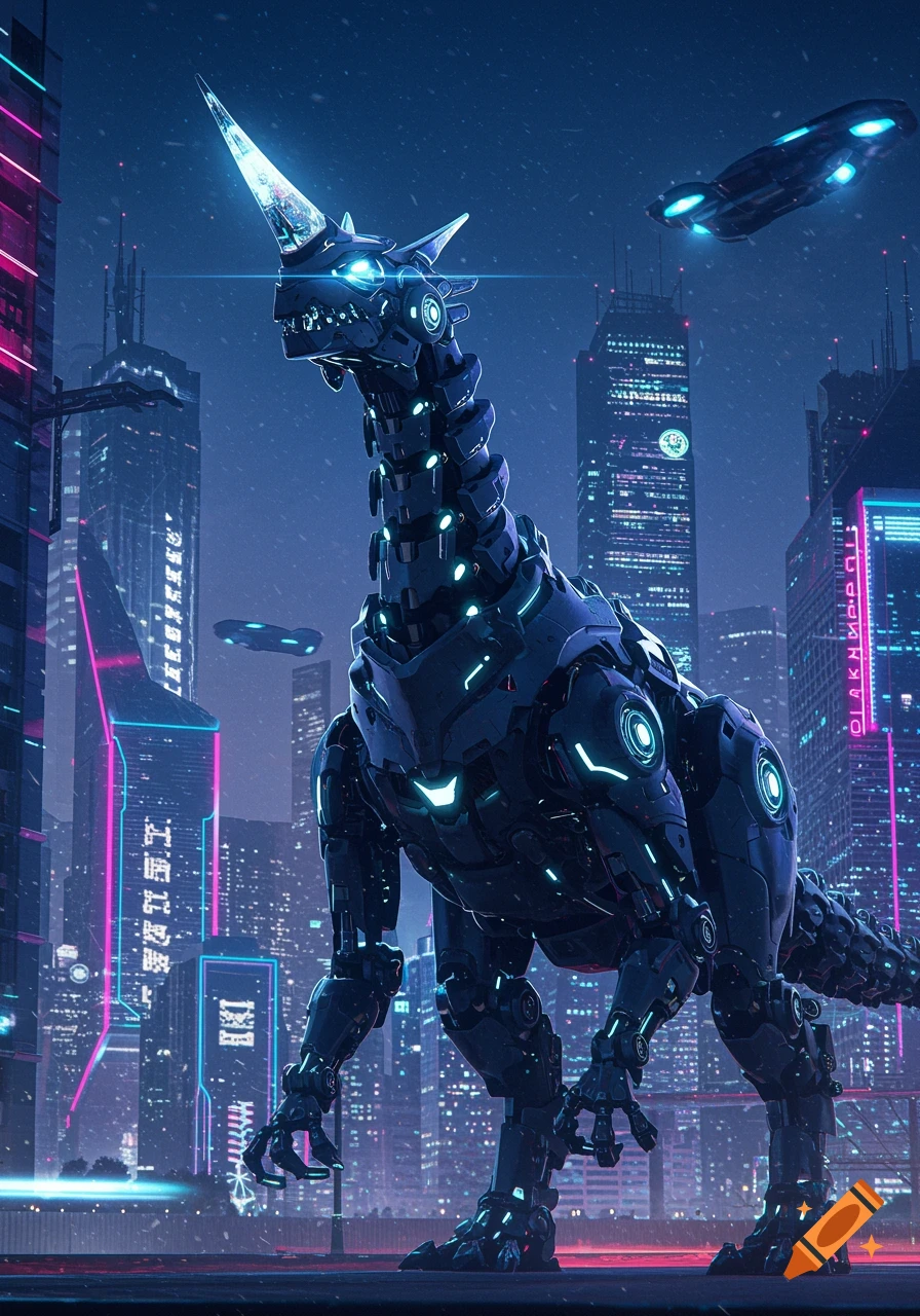 A navy blue and silver robotic dinosaur with a glowing horn stands in a futuristic city with neon-lit skyscrapers at night, concept art style.