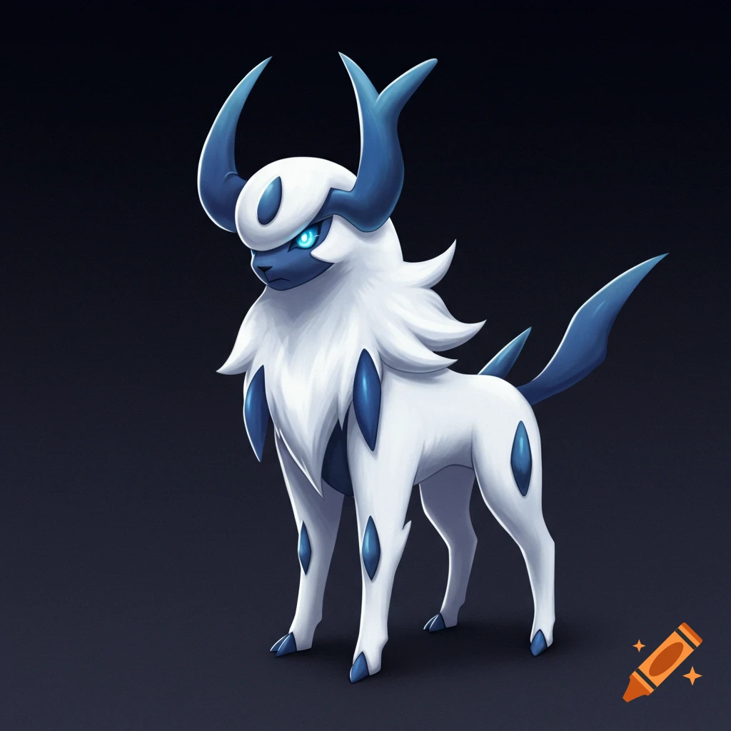 A stylized illustration of a white and blue creature with large horns, resembling a Pokemon, standing against a dark background.