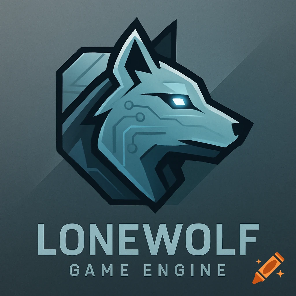 A logo featuring a stylized, geometric wolf head with glowing blue eyes and circuit patterns, above the text "LONEWOLF GAME ENGINE" in a techno style.