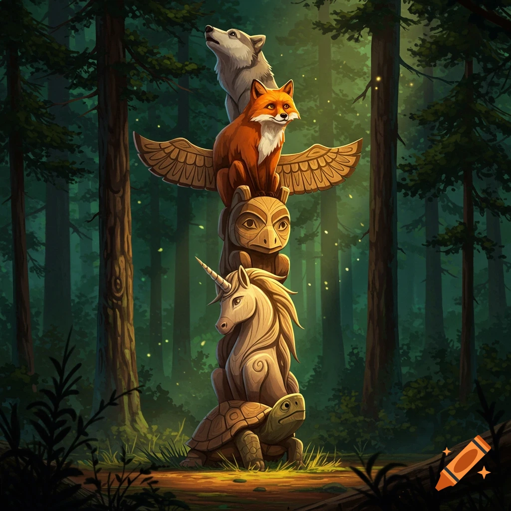 A stylized totem pole featuring a wolf, fox, bear-like figure, unicorn, and turtle standing in a dark, magical forest.