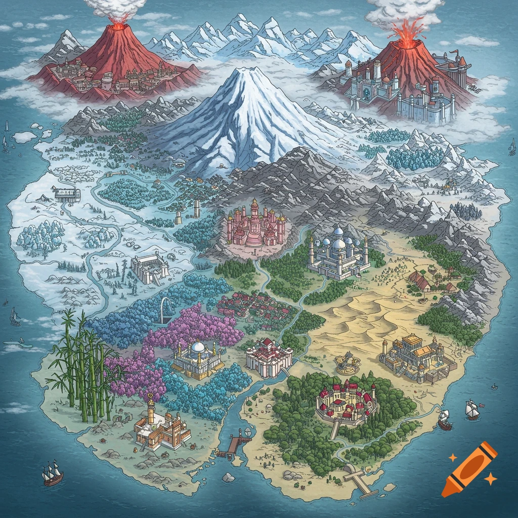 Detailed isometric map of a fantasy island featuring snowy mountains, volcanoes, deserts, diverse forests, and various cities and structures.