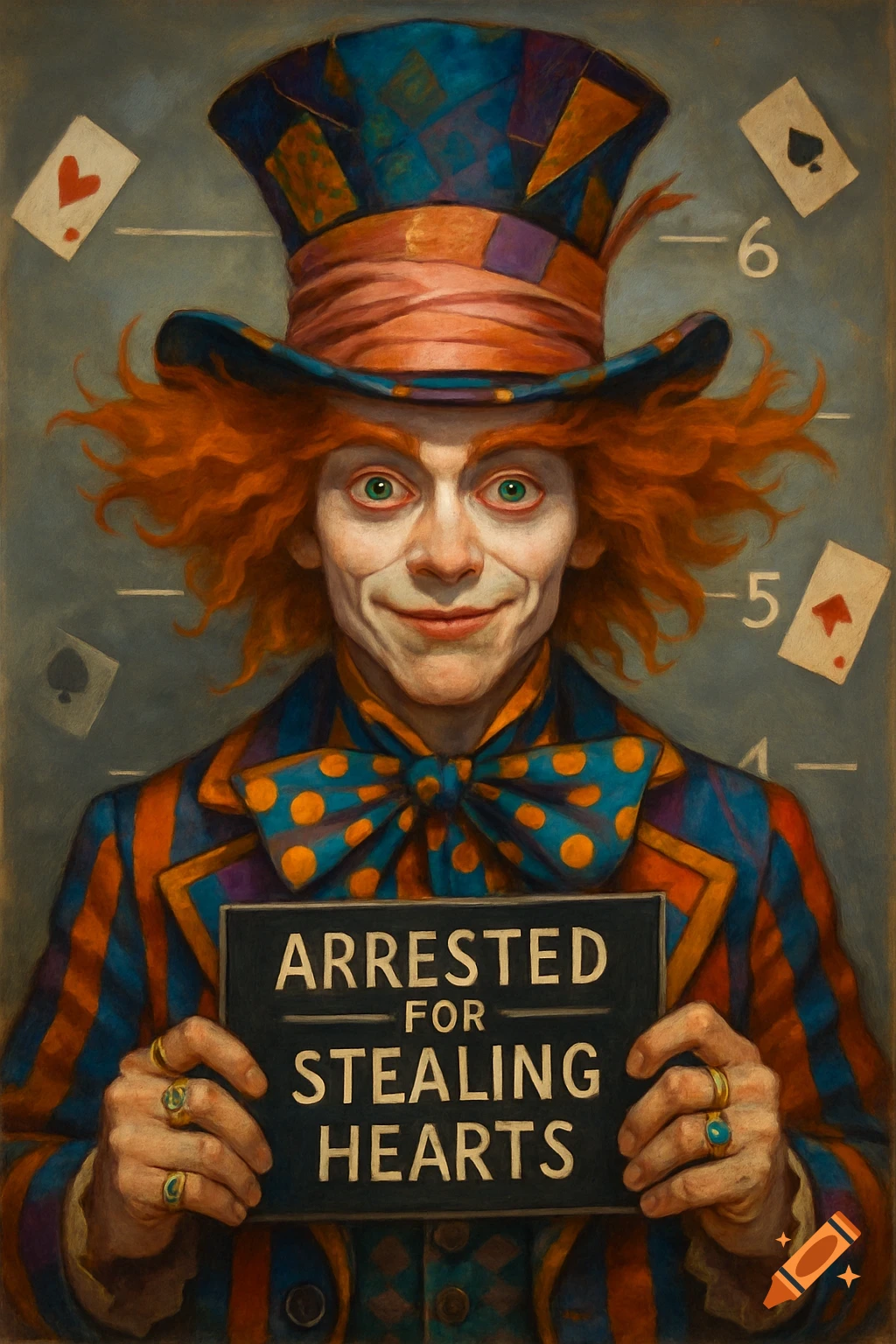 A colorful Mad Hatter character in a mugshot, holding a sign that reads 'Arrested for Stealing Hearts'.