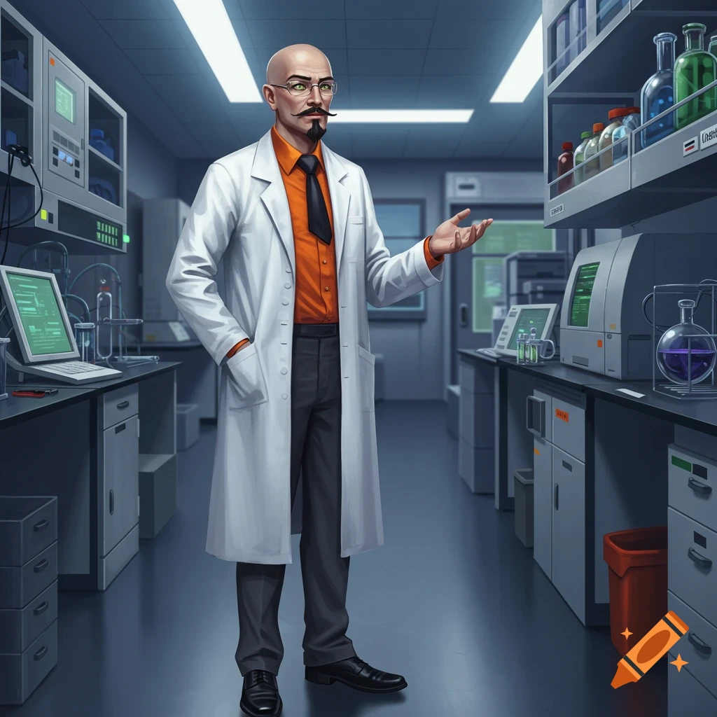 A bald, moustached scientist in an orange shirt and white lab coat stands in a futuristic laboratory.