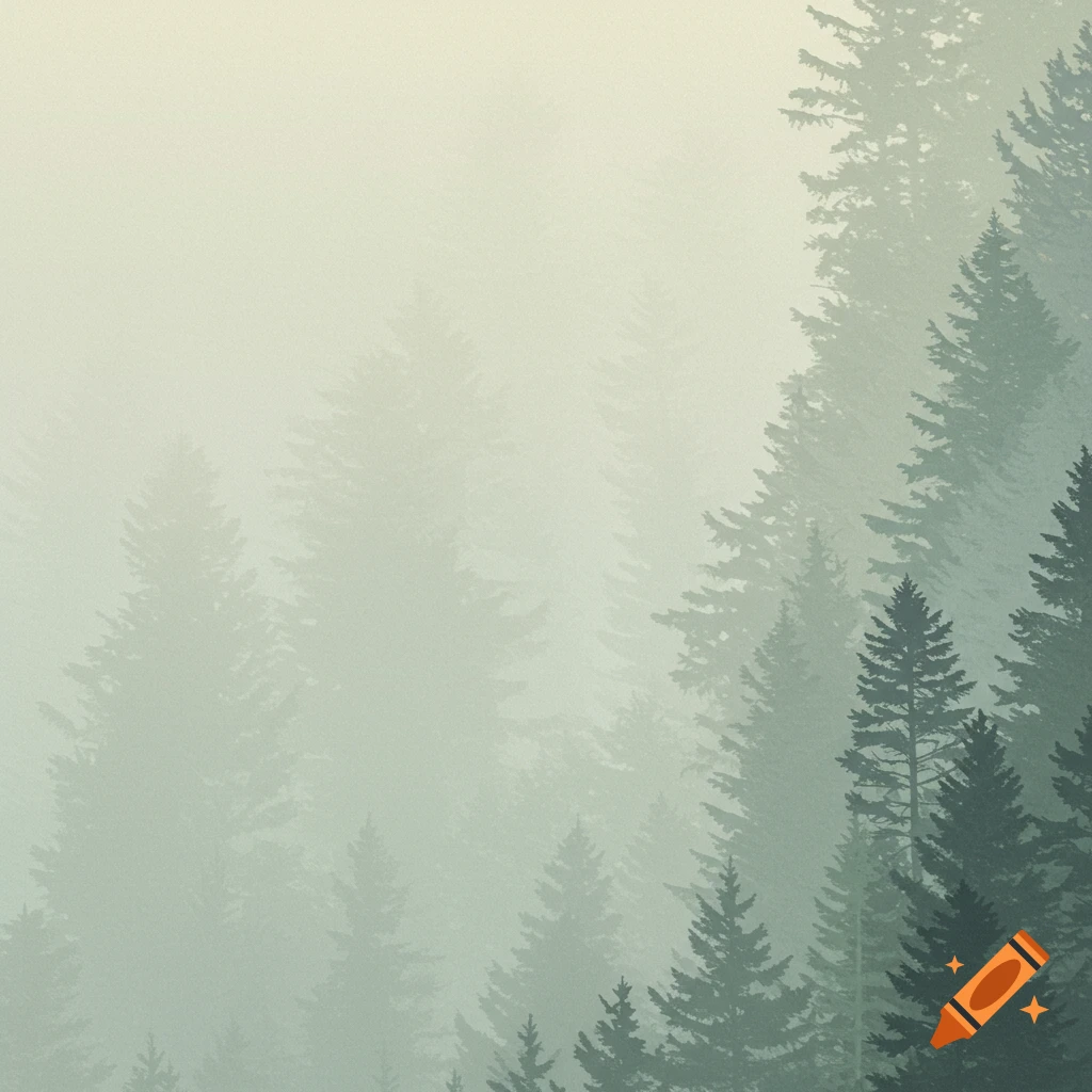 Stylized misty forest with varying shades of green pine trees fading into a pale, hazy background.