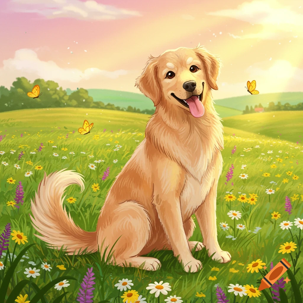 An adorable golden retriever dog sits in a sunny field of colorful wildflowers with butterflies, in an illustration style.