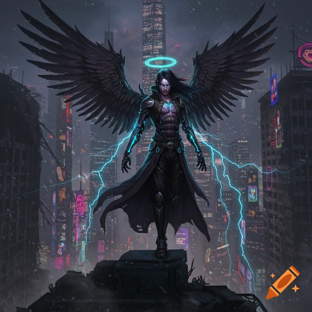 A dark-winged fallen angel with a glowing halo stands atop a ruin in a rainy cyberpunk city with neon lights and lightning.