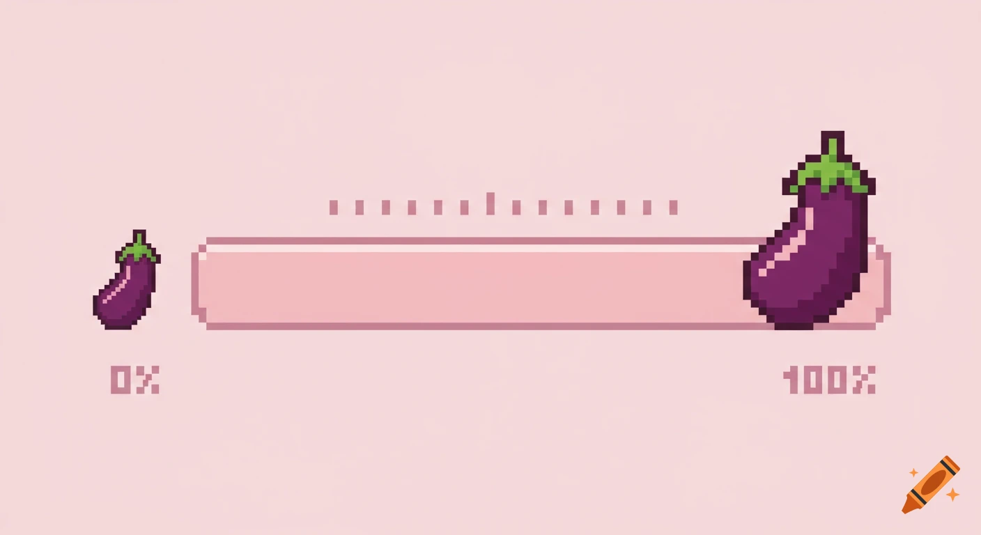 A pixel art UI slider on a pink background, with a small eggplant at 0% and a large eggplant at 100%.