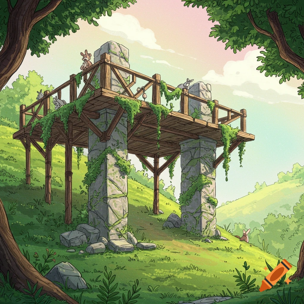 A Disney cartoon sketch of an overgrown wooden ruins platform with stone pillars on a green hill, with small animals.