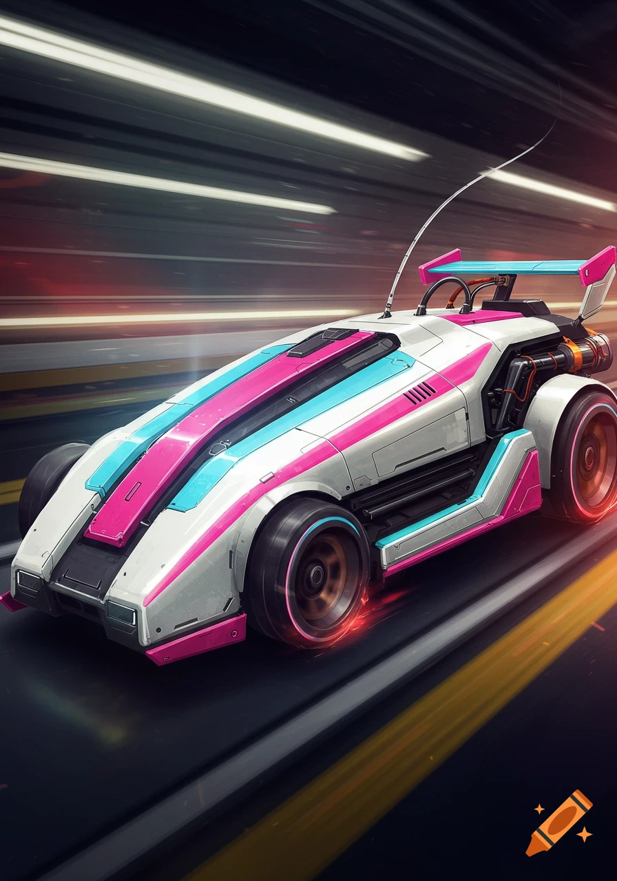 A futuristic white, pink, and light blue racing car with glowing wheels speeds down a track with motion blur.