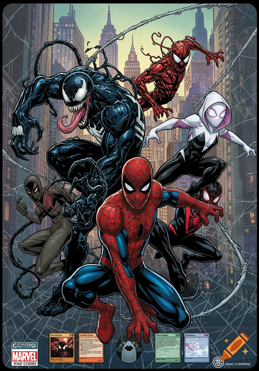 Dynamic comic book illustration featuring Spider-Man, Venom, Carnage, Spider-Gwen, and Miles Morales swinging in a city, with card game elements at the bottom.