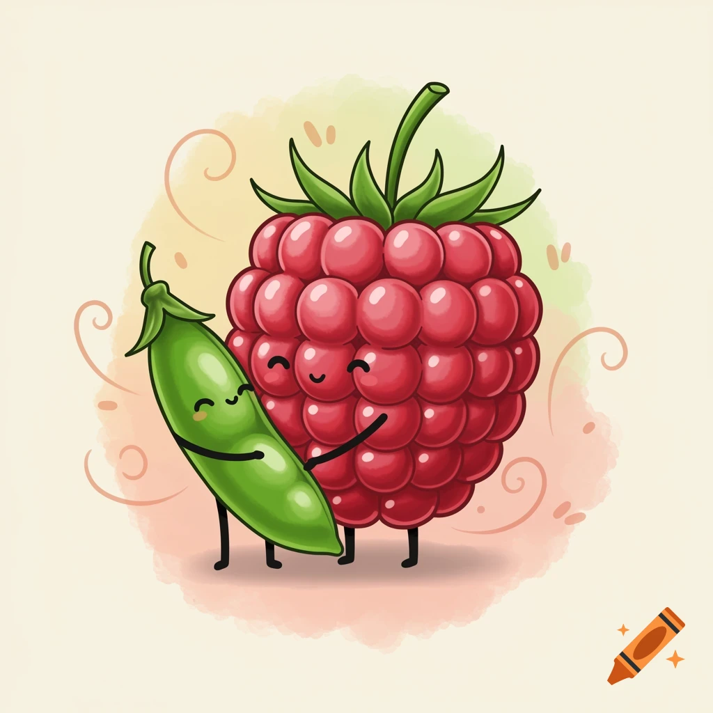 A cute cartoon raspberry and a pea with happy faces hugging in a watercolor-like illustration style.