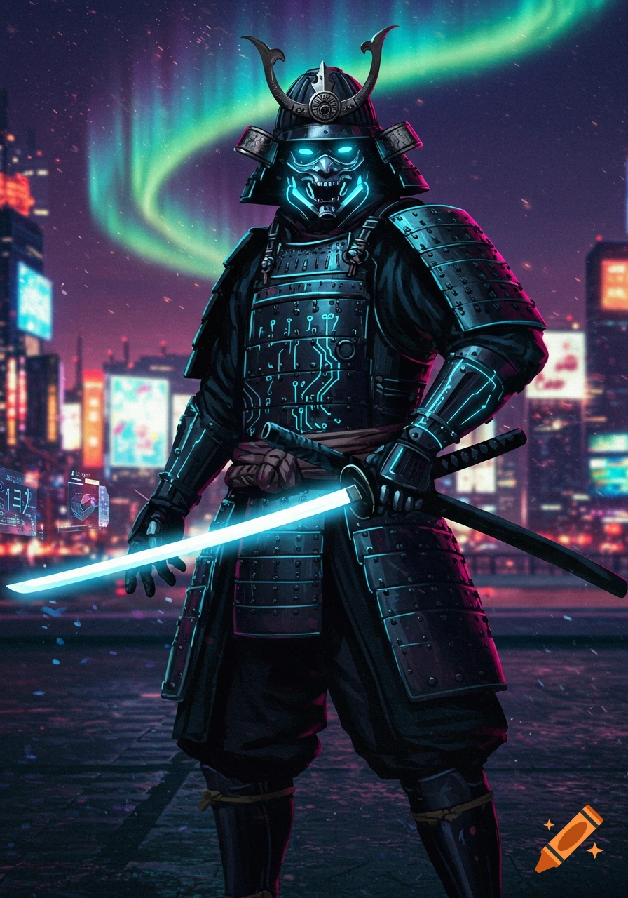 A cyberpunk samurai with glowing blue eyes and armor, holding a neon sword, stands in a neon-lit futuristic city.