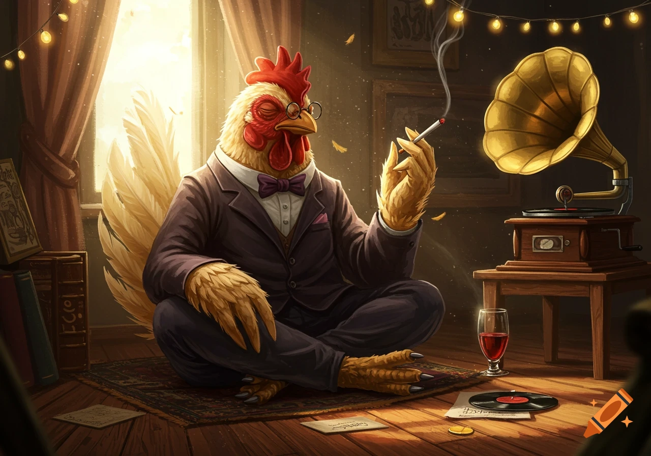 An anthropomorphic chicken in a suit and glasses sits on a rug, smoking a cigarette, next to a gramophone and a glass of red wine.