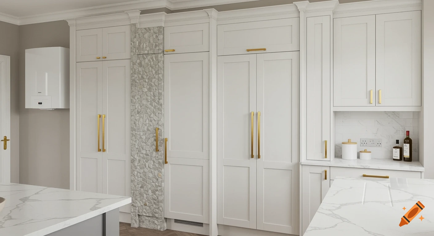 Modern kitchen featuring white shaker cabinets, gold handles, a cobble-textured pantry, boiler, and marble-veined quartz countertops.