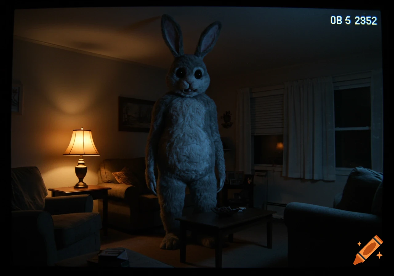 A large, gray, creepy rabbit-human hybrid stands in a dimly lit living room, captured by a grainy surveillance camera.