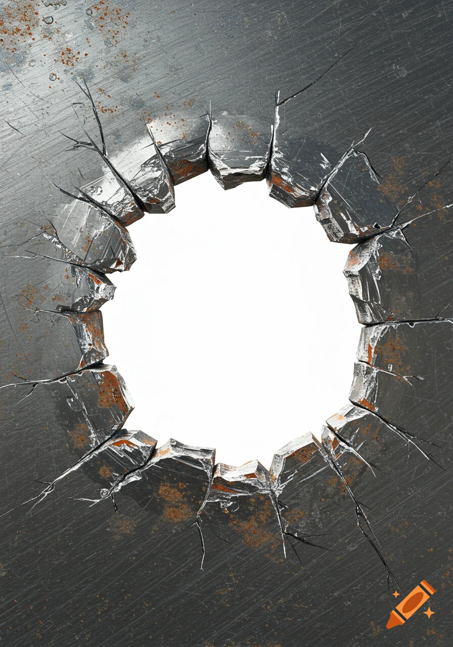 A jagged circular hole with cracks in a dark, rusty metal surface, revealing a white void.