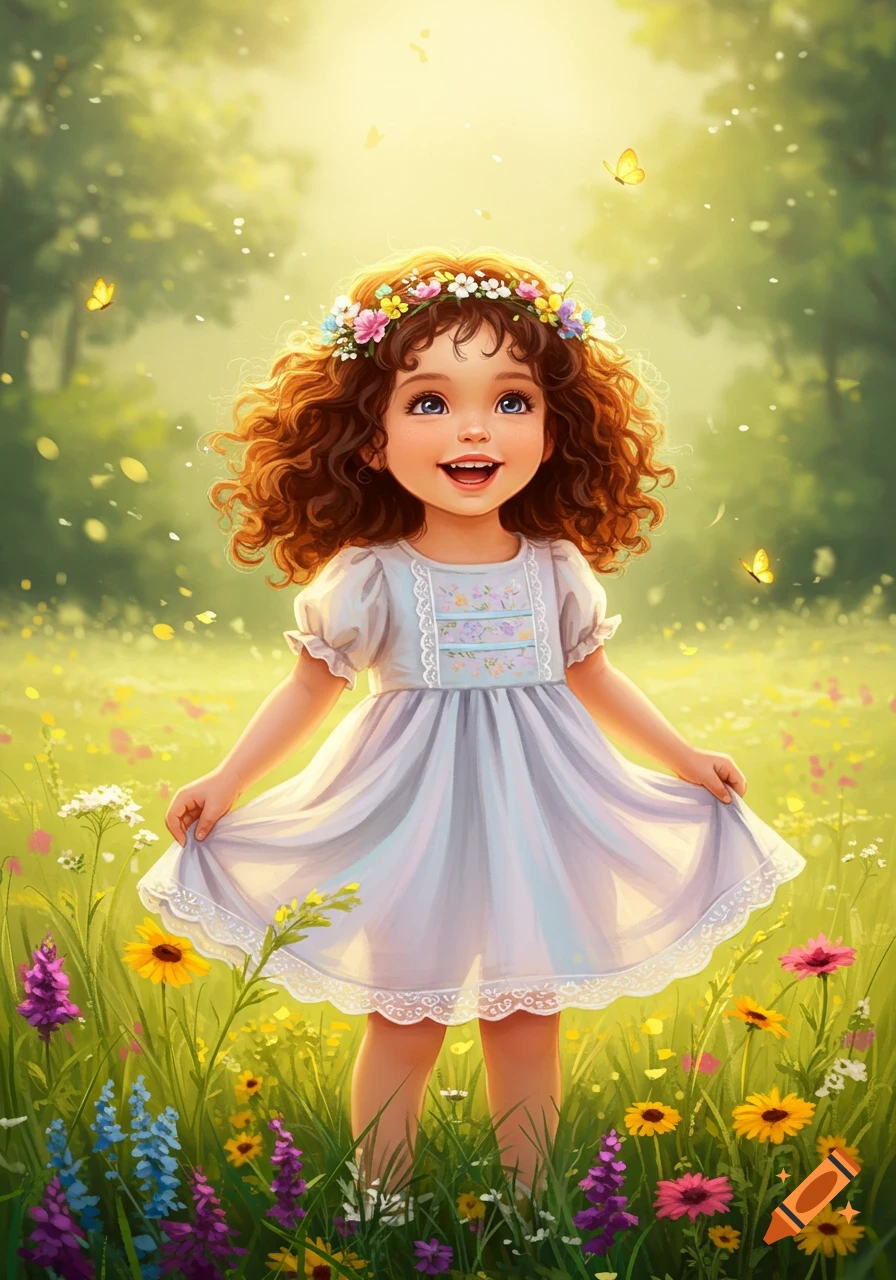 A cheerful cartoon girl with curly brown hair and a flower crown stands in a field of colorful wildflowers.
