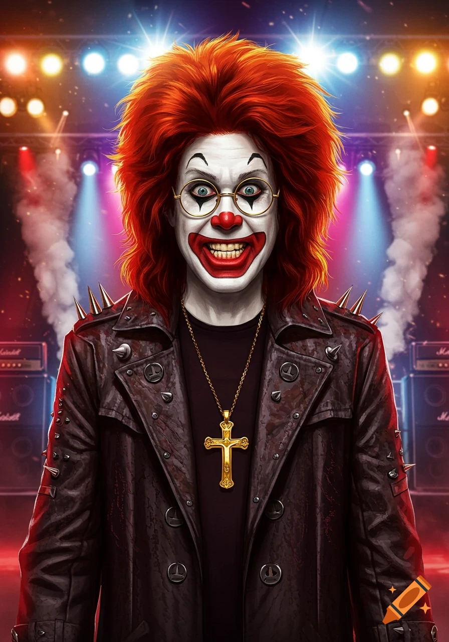 A rock star clown with red hair, clown makeup, round glasses, a spiked leather jacket, and a gold cross necklace, standing on a brightly lit stage.