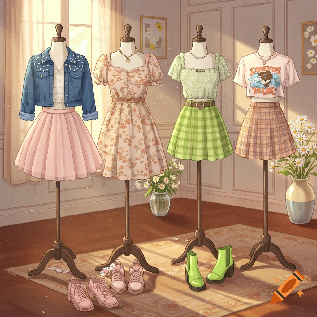 Four mannequins display spring-themed outfits in a sunlit room, including a denim jacket and pink skirt, a floral dress, a green plaid skirt, and a graphic tee with a plaid skirt. Shoes are on the floor.