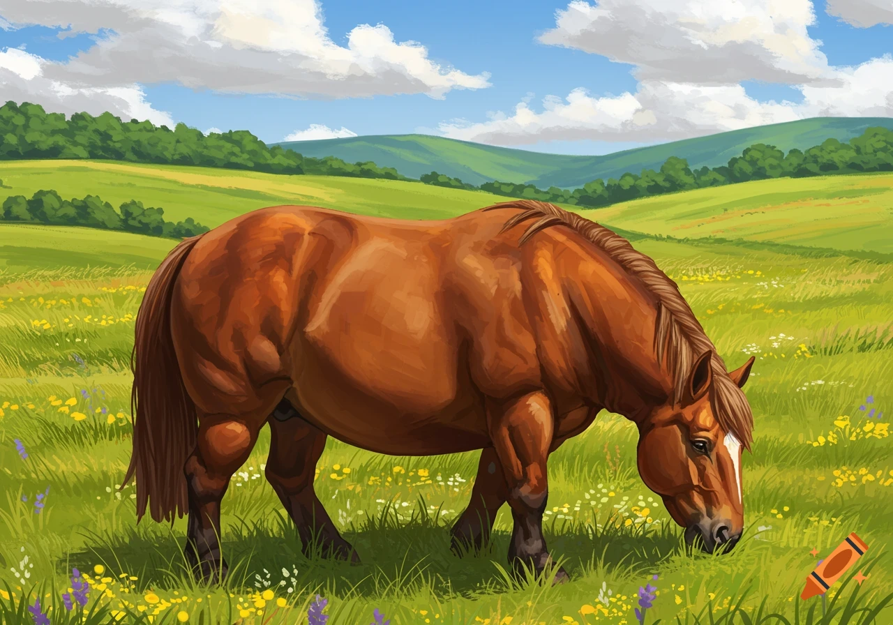 A brown horse grazes in a vibrant green field filled with yellow and purple wildflowers under a blue sky with white clouds.