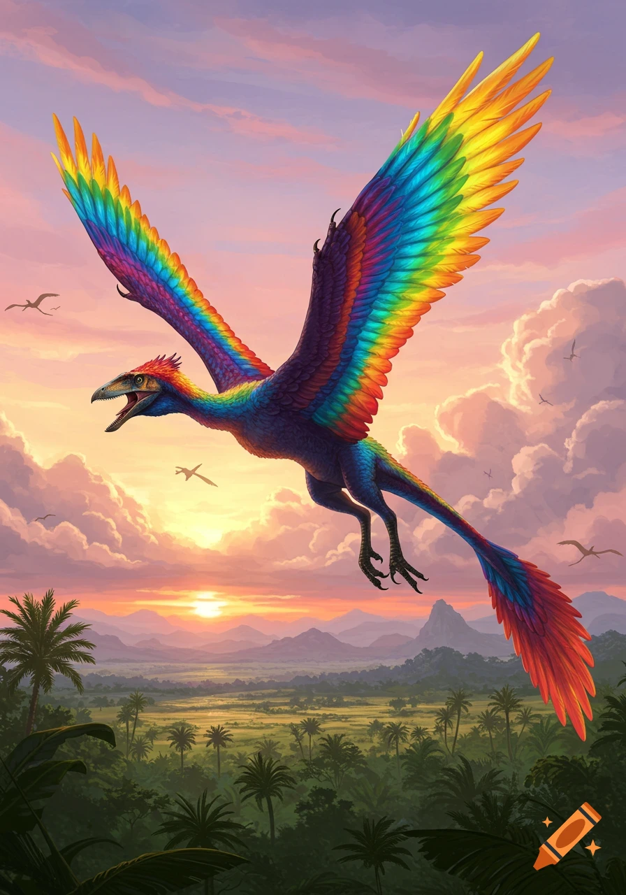 A vibrant rainbow-feathered Caihong juji dinosaur soars with spread wings over a lush prehistoric jungle at sunset, mountains in the distance.