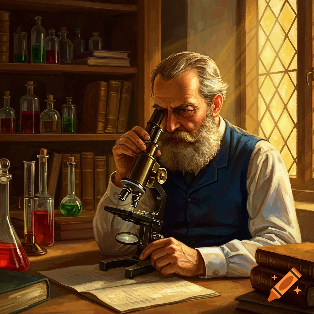 A painting of an elderly man with a long white beard looking into a microscope in a sunlit study filled with books and chemical bottles.