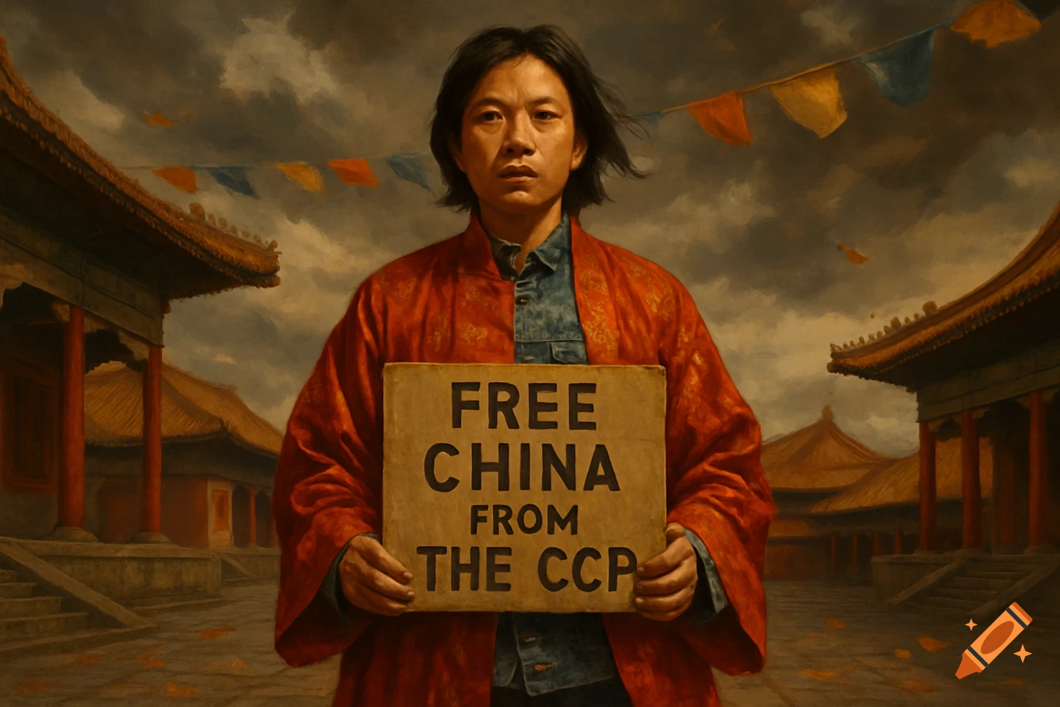 A person with a solemn expression holds a sign reading 'FREE CHINA FROM THE CCP' in front of traditional Chinese architecture under a cloudy sky, in a painted style.