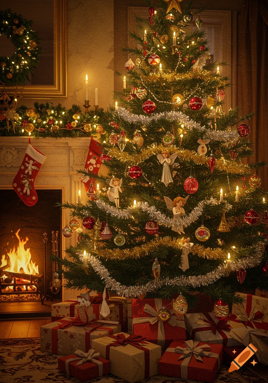 A warmly lit Christmas tree adorned with ornaments and tinsel, surrounded by presents, next to a fireplace with stockings, in a vintage style.