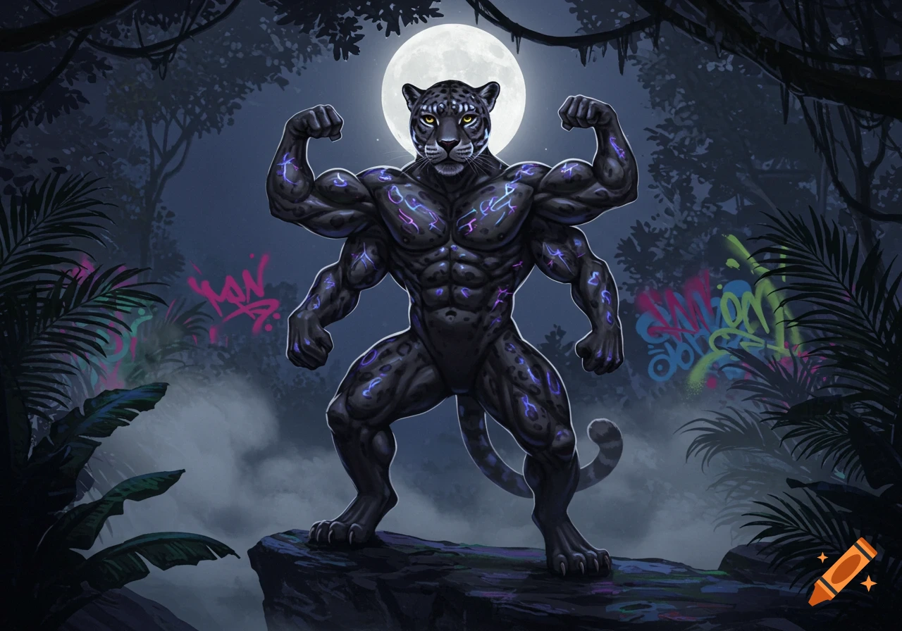 Muscular four-armed black panther flexing in a dark jungle under a full moon, with colorful graffiti on background trees.