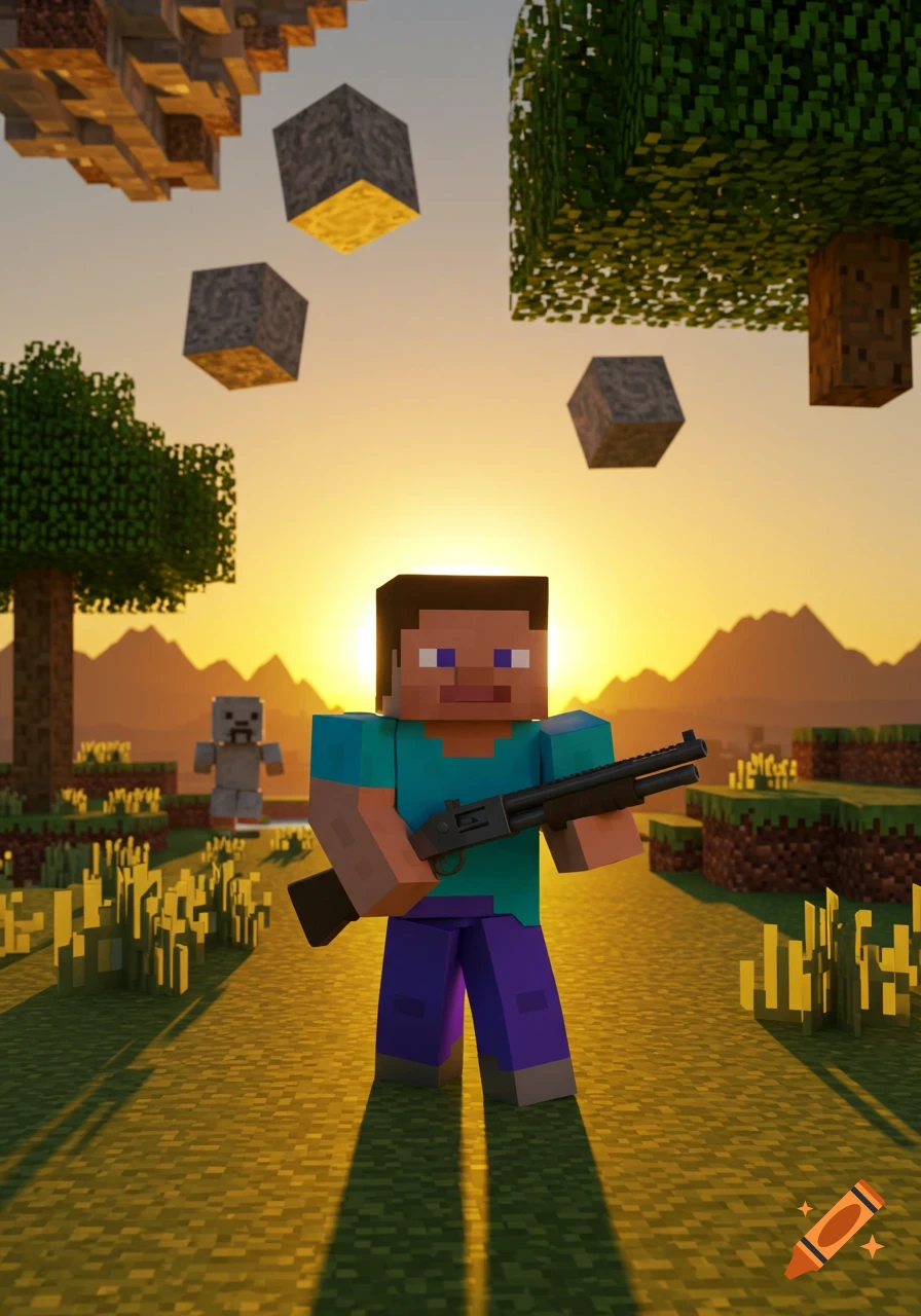 A blocky Minecraft character, Steve, holds a shotgun in a pixelated landscape with a sunset, floating blocks, and a creature in the background.