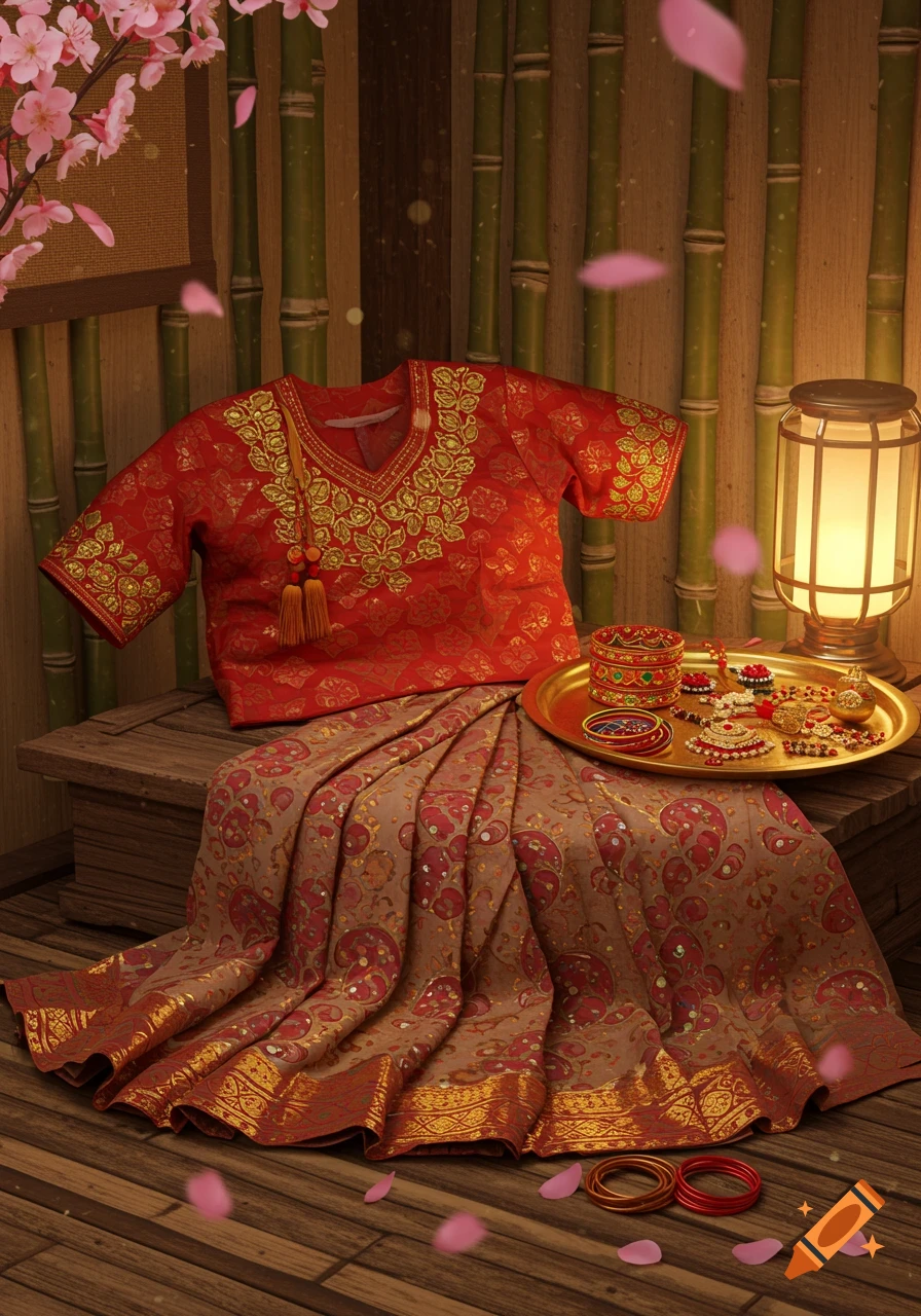 Traditional Nepali gunyo choli dress: red embroidered blouse, patterned skirt, gold jewelry on tray, bamboo and cherry blossoms.
