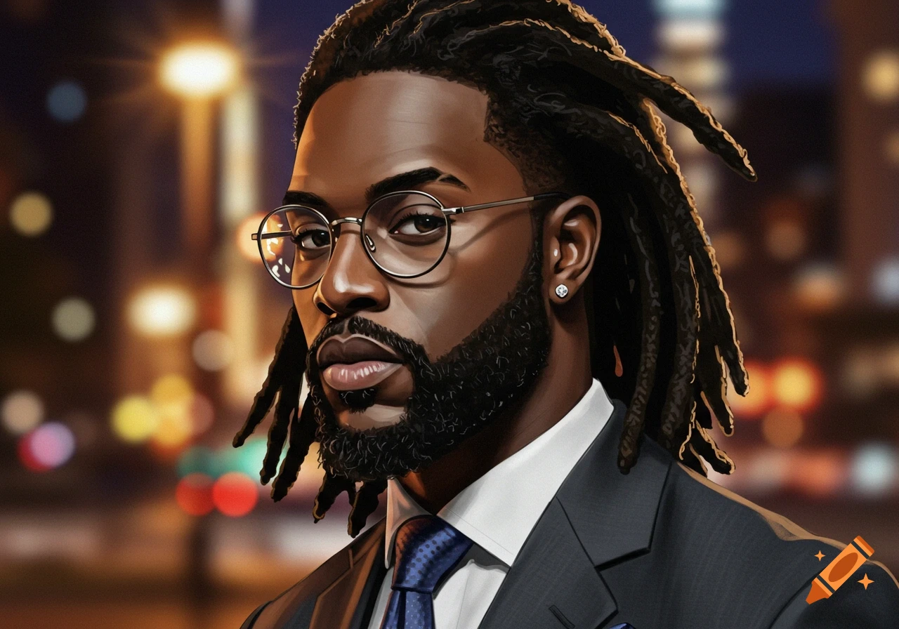 A close-up portrait of a man with dreadlocks, a beard, glasses, and an earring, against a blurred city lights background.