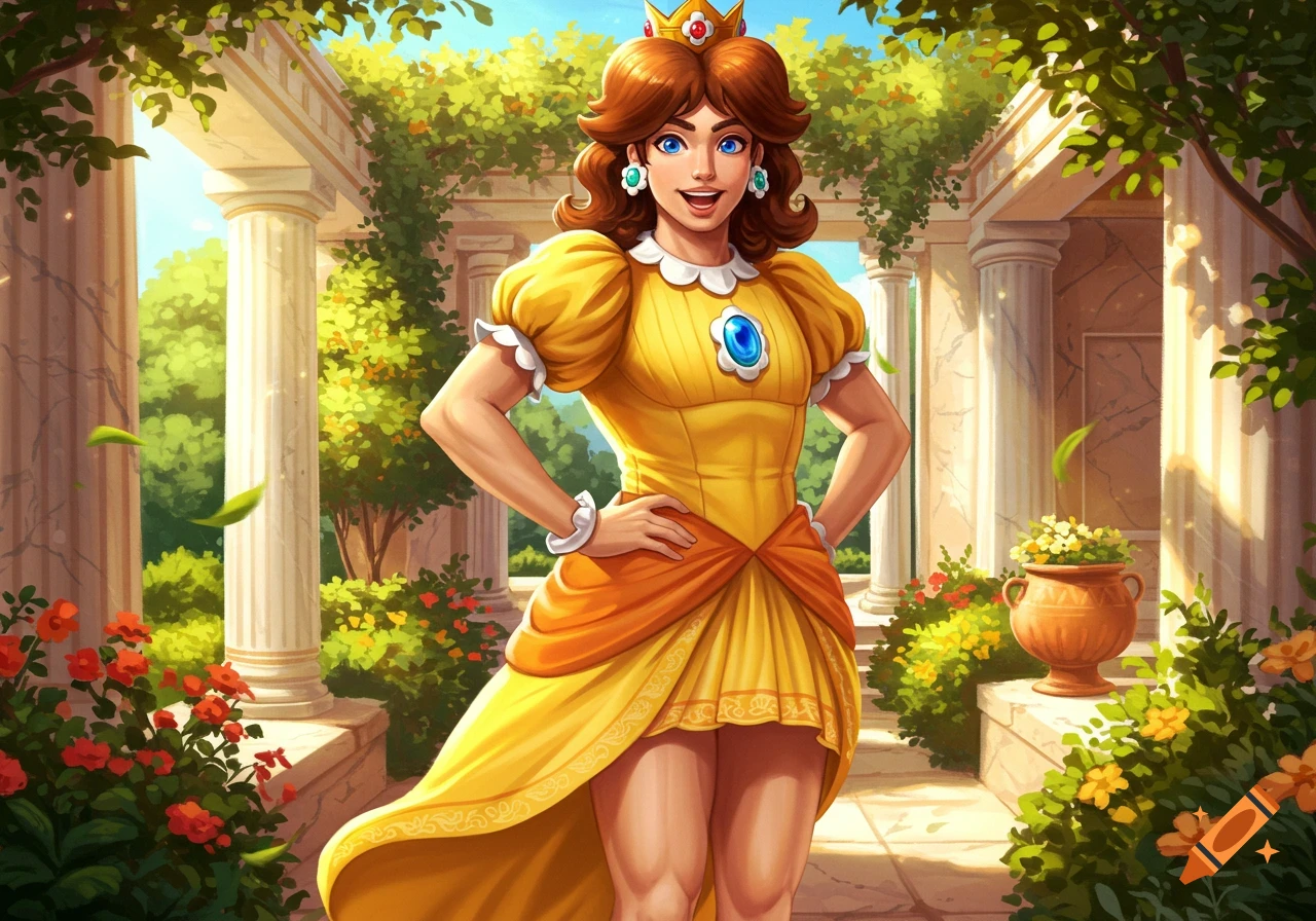 Princess Daisy from Mario stands smiling in a sunny, classical garden with columns and flowers, wearing her yellow dress.