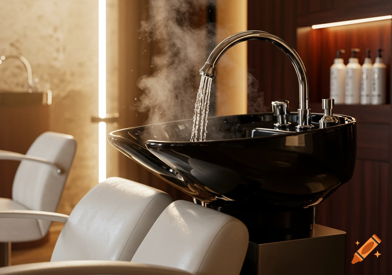 Photorealistic image of a luxurious hair salon shampoo bowl with water flowing from the faucet and steam rising.