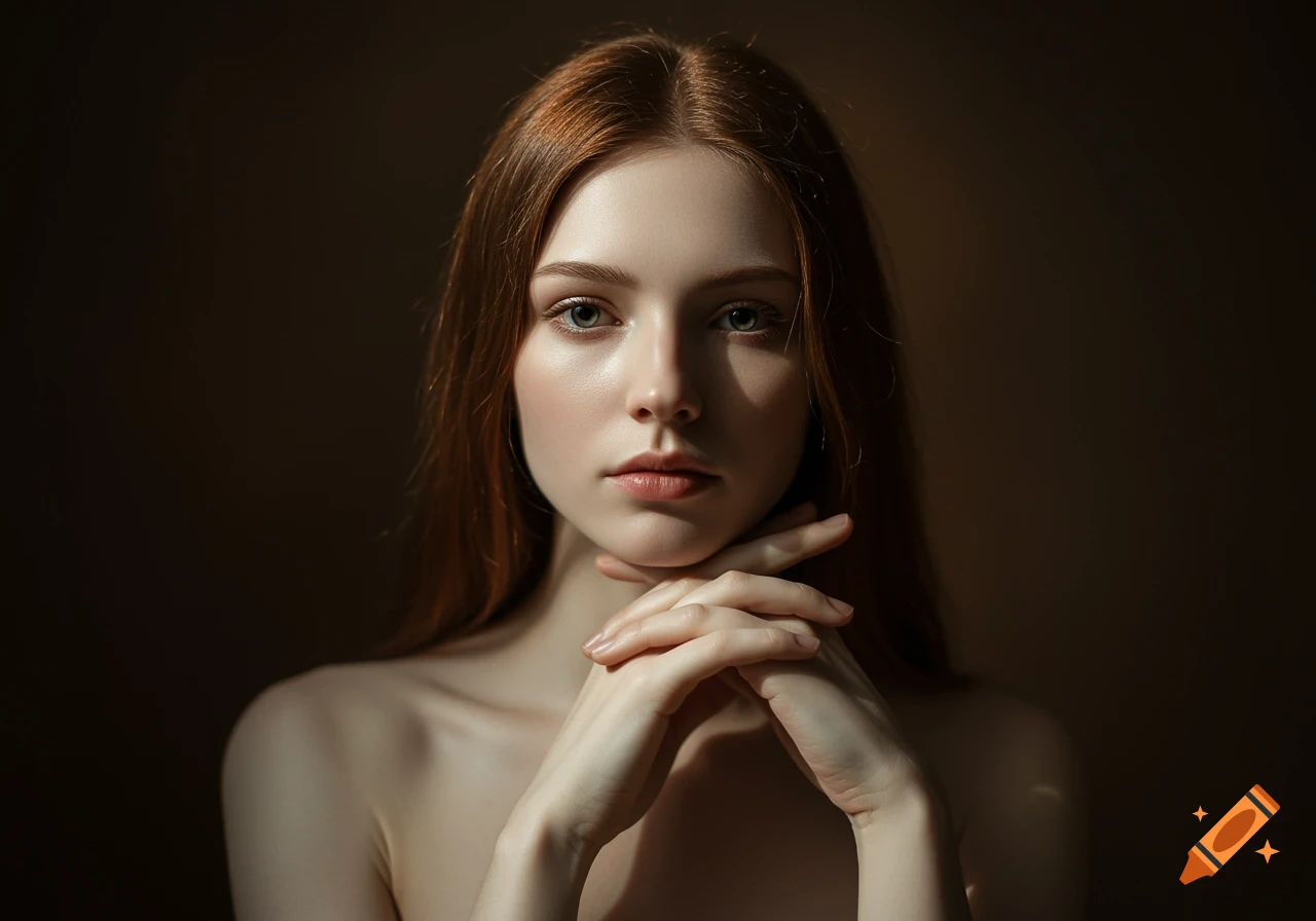 Photorealistic portrait of a fair-skinned woman with red hair and blue eyes, hands clasped under her chin, dramatic lighting.