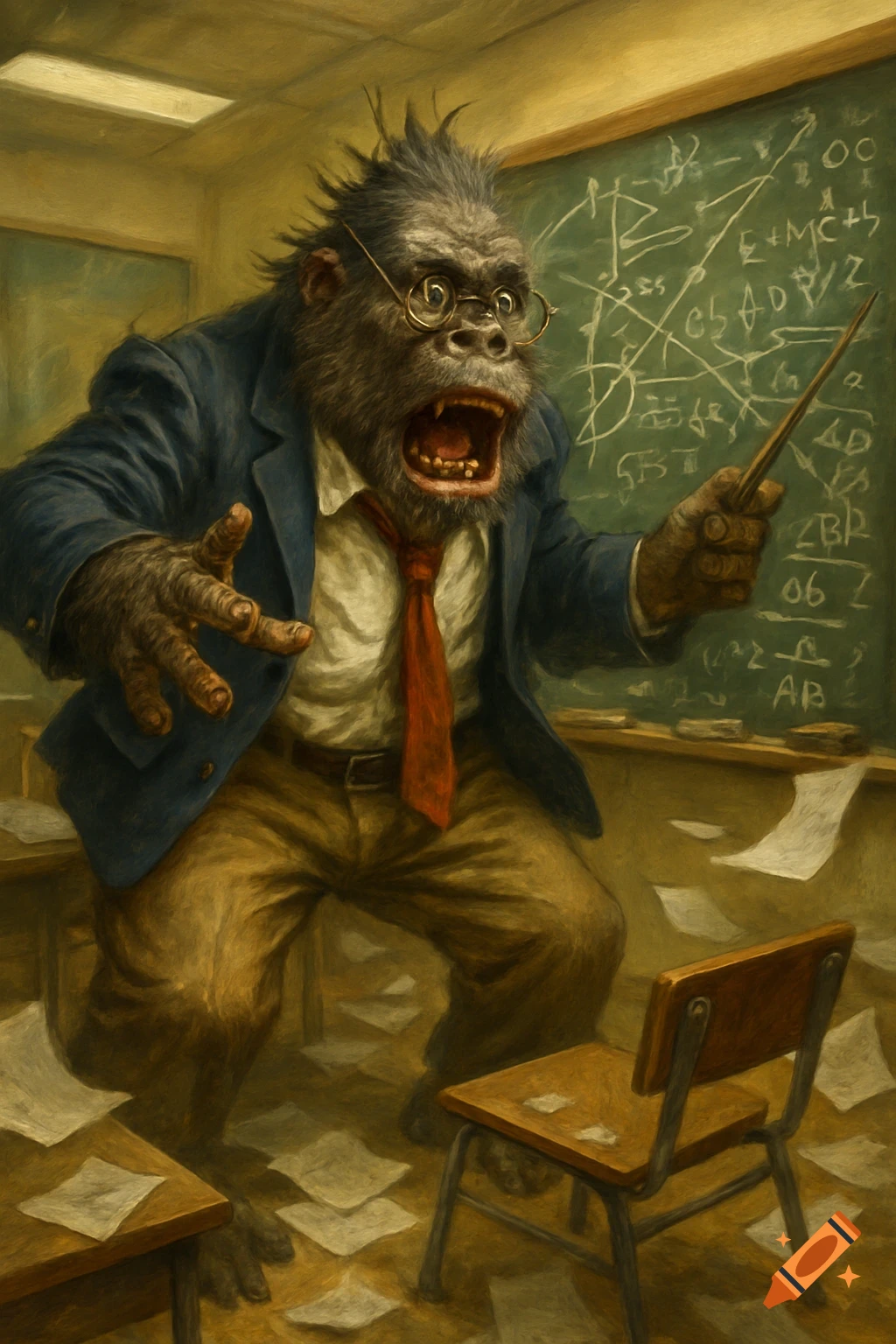 A frantic, glasses-wearing gorilla professor in a suit and tie points at a chalk-filled blackboard in a chaotic classroom.