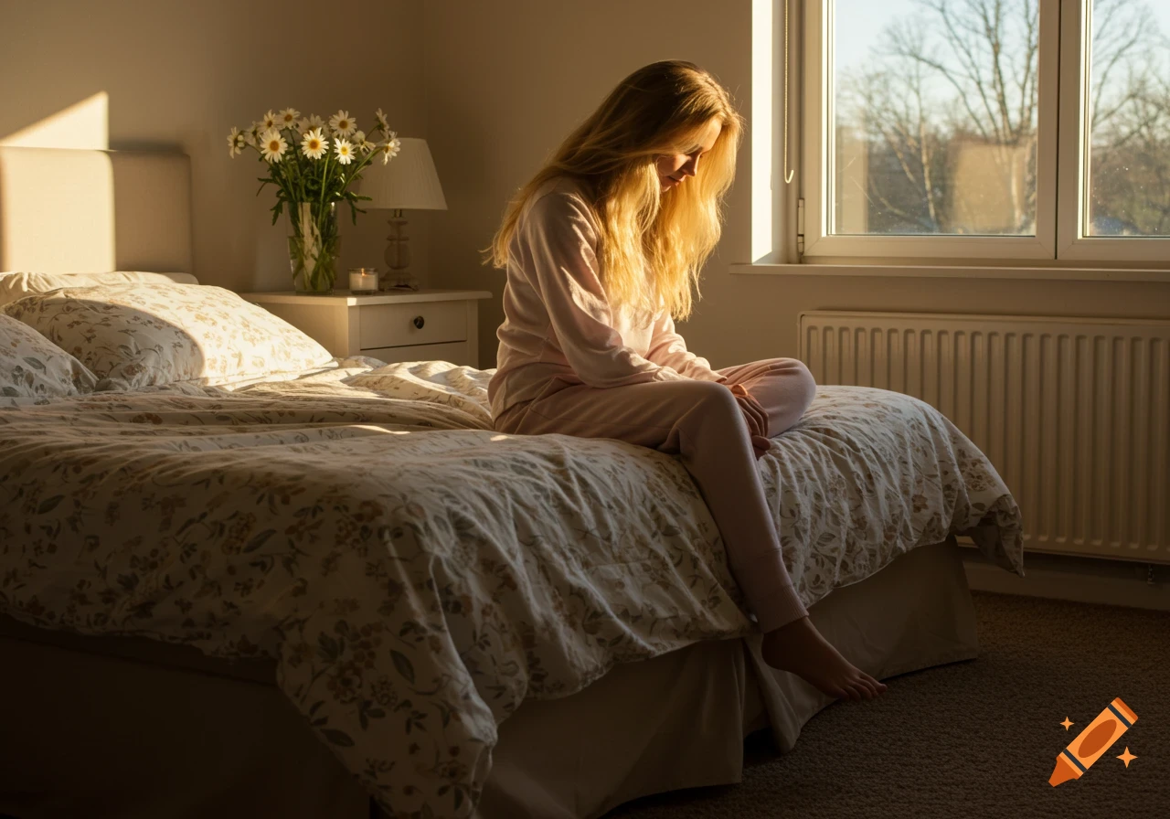 A young blonde woman in pink pajamas sits on a bed, bathed in golden sunlight from a window.