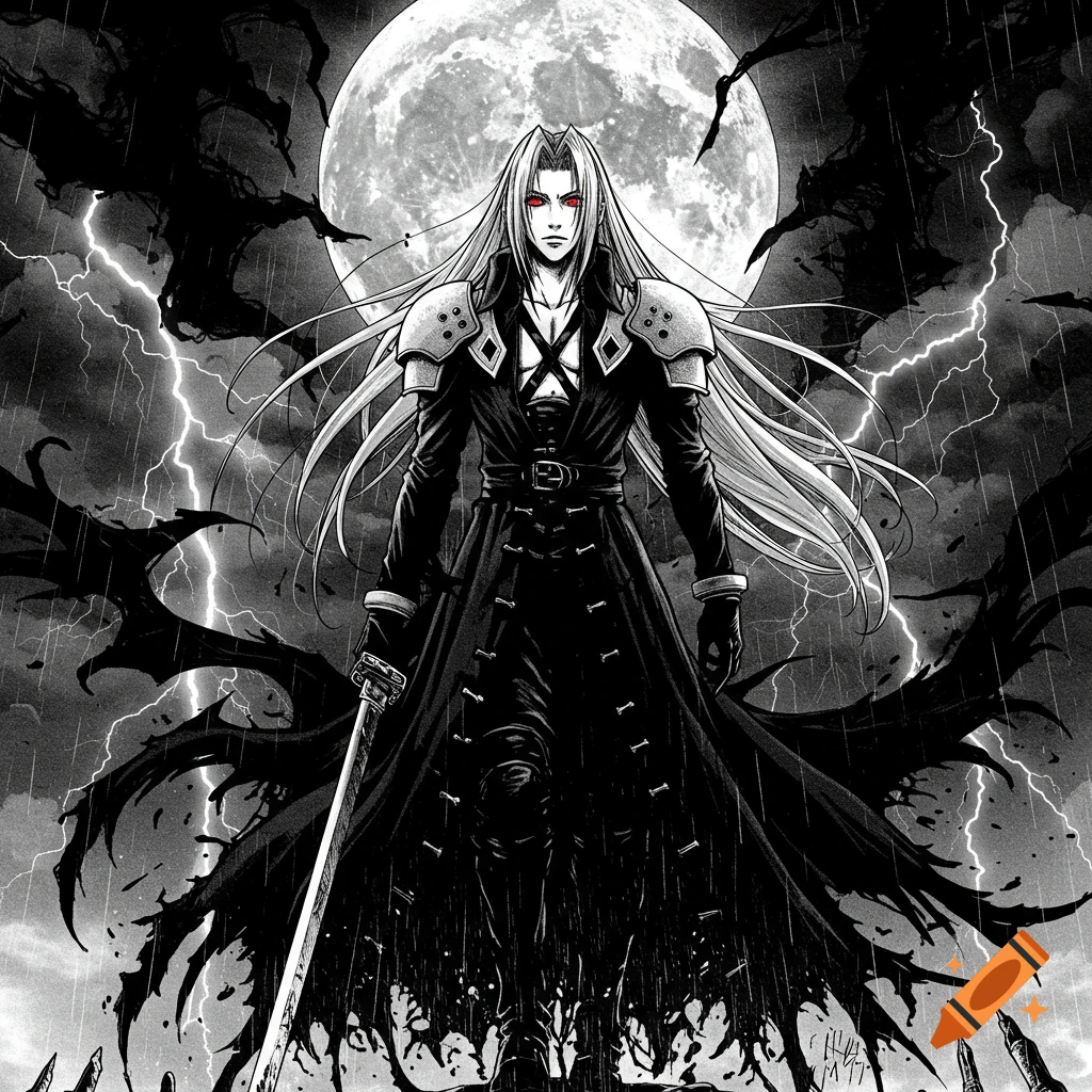Sephiroth stands under a full moon in a stormy, lightning-filled sky, holding a sword in horror manga style.