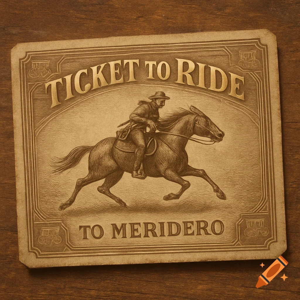 A sepia-toned vintage ticket illustration features a man on horseback, with 'TICKET TO RIDE' and 'TO MERIDERO' text.