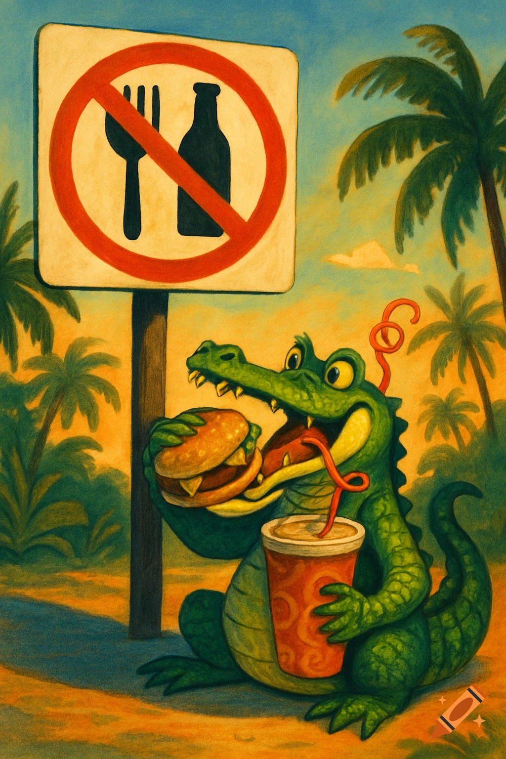 A whimsical cartoon alligator eats a burger and drinks next to a crossed-out fork and bottle sign, with palm trees in the background.