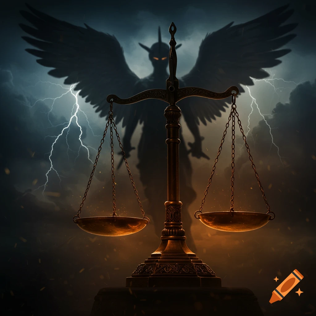 Justice scales against a backdrop of a shadowy winged figure, lightning, and dark, stormy clouds.