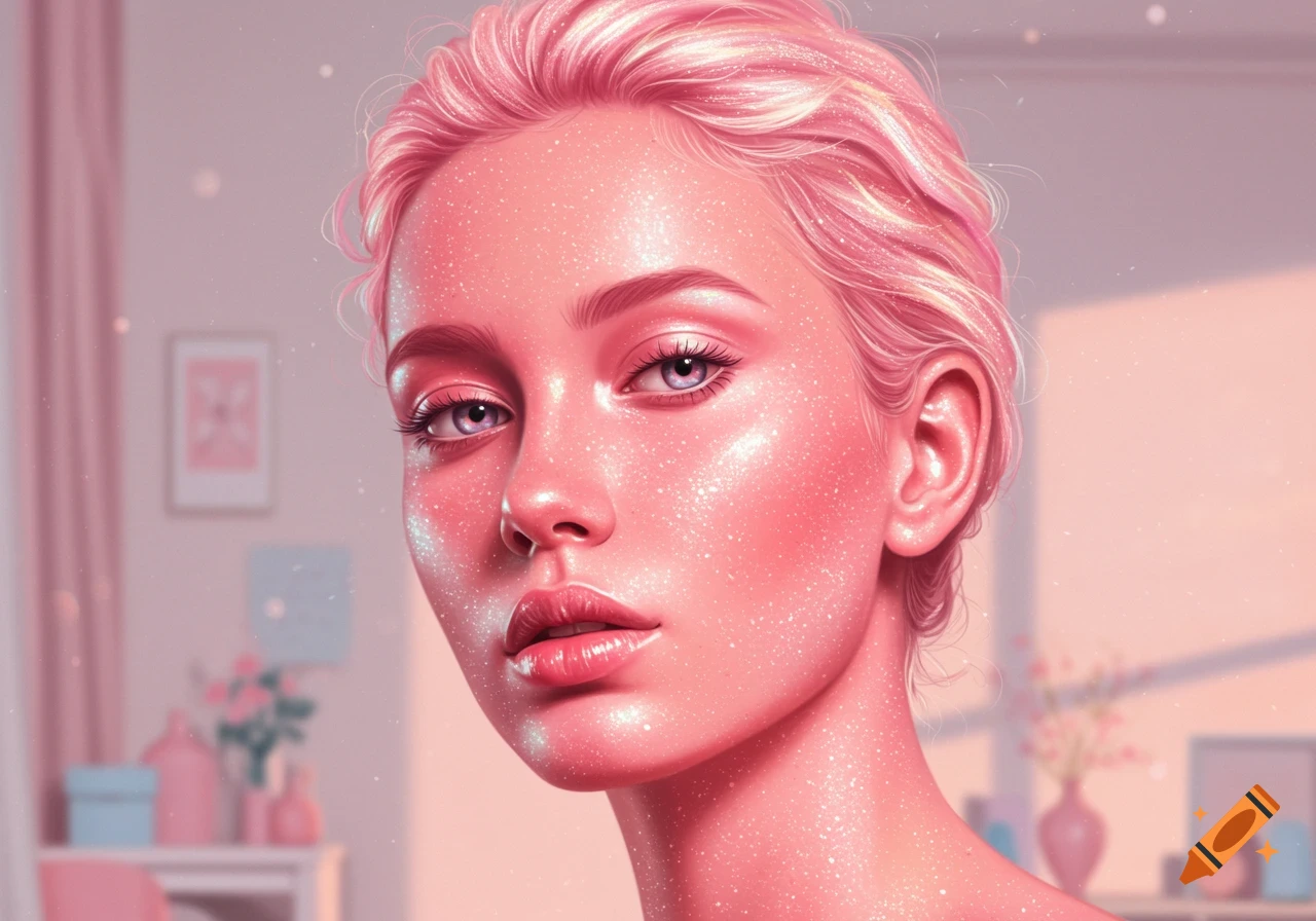 Close-up digital art portrait of a woman with pink hair and sparkling pink skin, looking forward in a pink room.