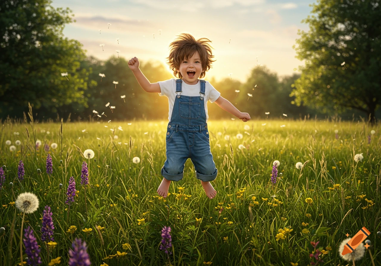 A happy boy with messy brown hair jumps in a sunny field filled with green grass, dandelions, and purple flowers at sunset.