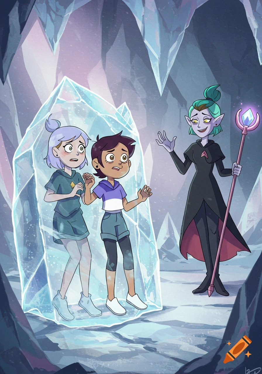 Two cartoon girls trapped in a block of ice in a blue-tinted cave, looking frightened, while a green-haired witch holds a staff and smiles menacingly.