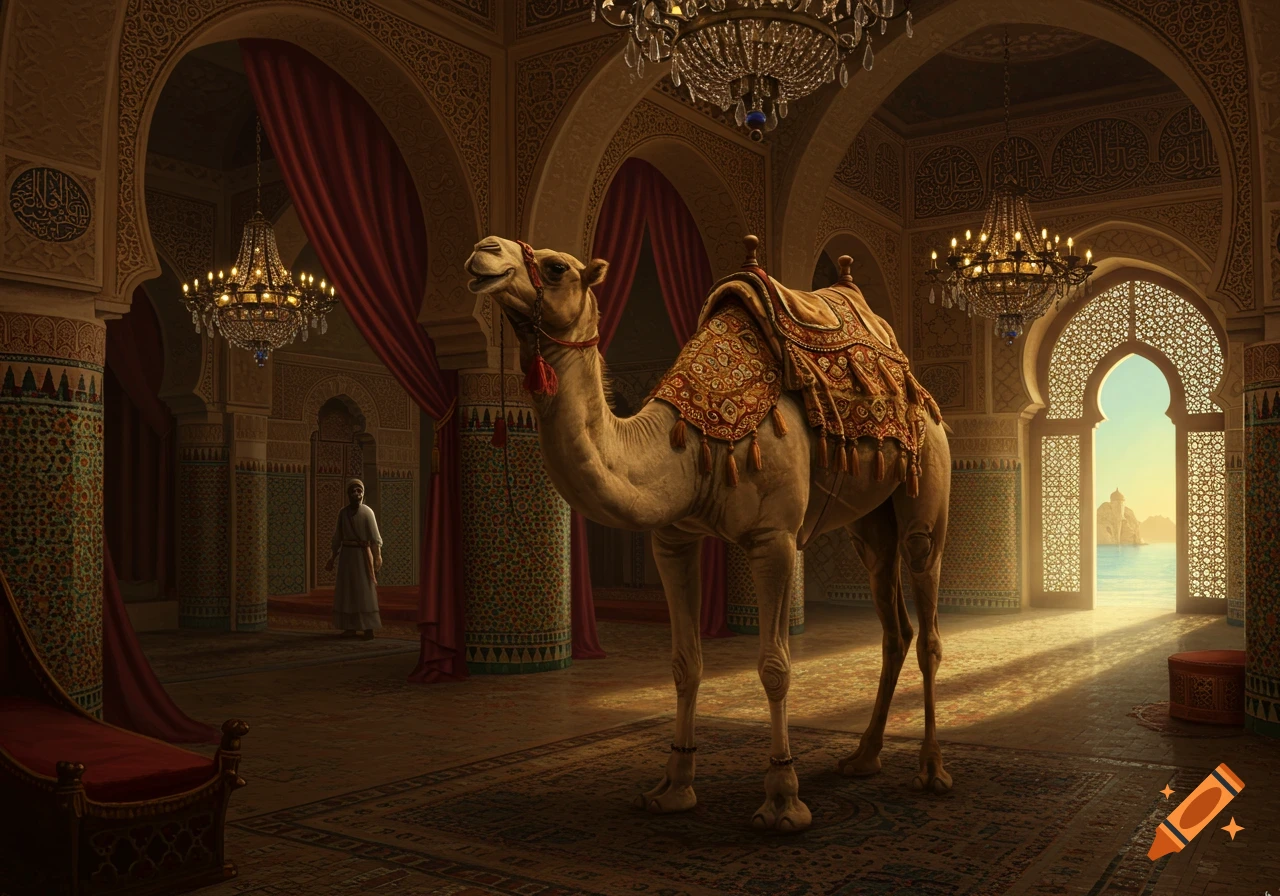 A photorealistic image of a dromedary camel standing inside a richly decorated sultan's palace, with an arched doorway leading to the sea.